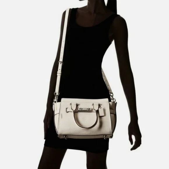 COACH Swagger Carryall 27 Hand Shoulder Bag Zip Satchel SV/ Chalk Pebble Leather - Picture 3 of 11